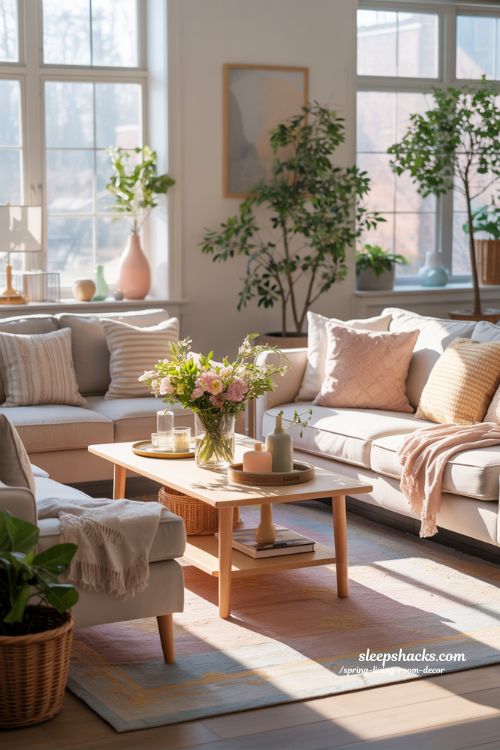 Spring Living Room Refresh with Pastel Accents and Greenery