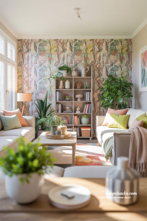 Spring Living Room with Cheerful Wallpaper Accent and Pastel Accents