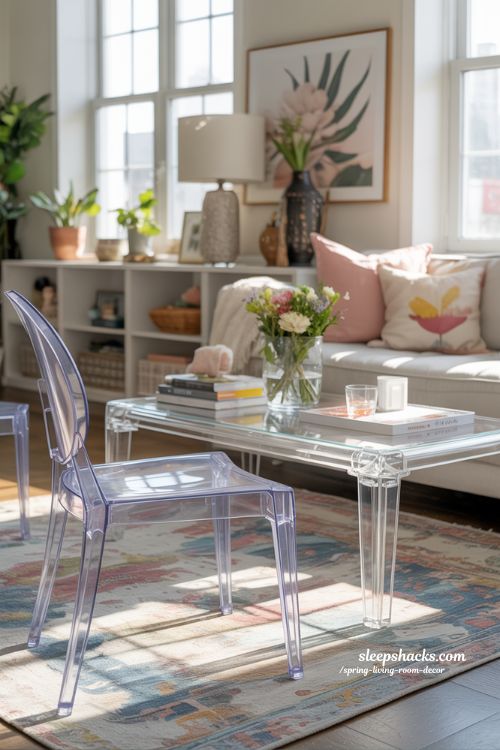 Spring Living Room with Clear Acrylic Furniture and Pastel Accents