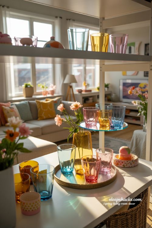 Spring Living Room with Colorful Glassware Display and Seasonal Accents