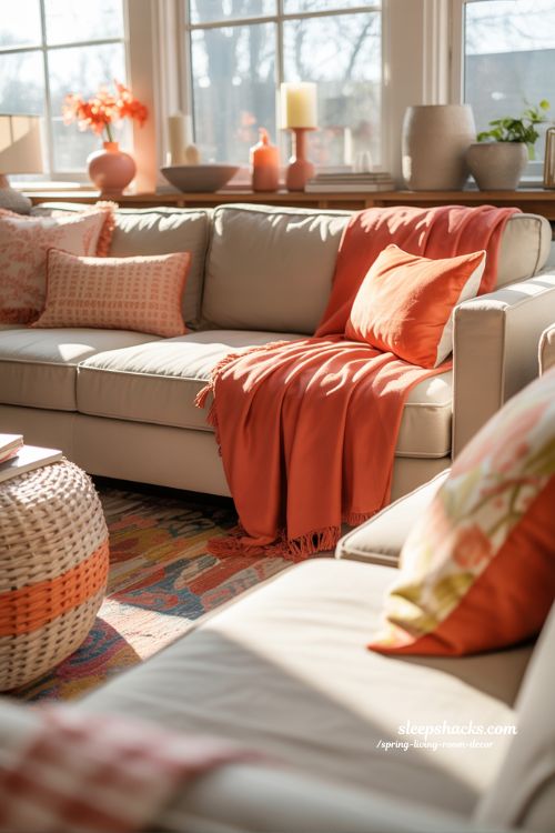 Spring Living Room with Coral Accents and Cozy Warm Touches