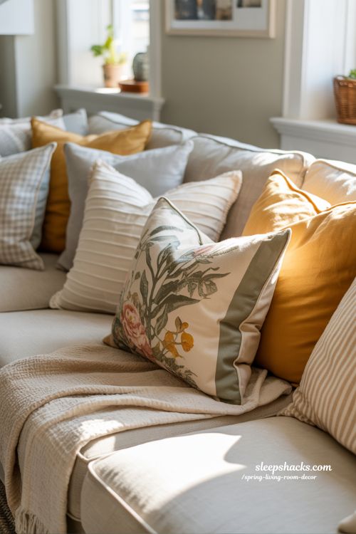 Spring Living Room with Layered Throw Pillows for Seasonal Comfort