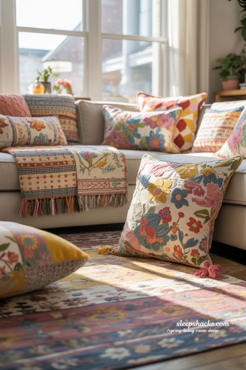 Spring Living Room with Playful Patterned Mix and Layered Textiles
