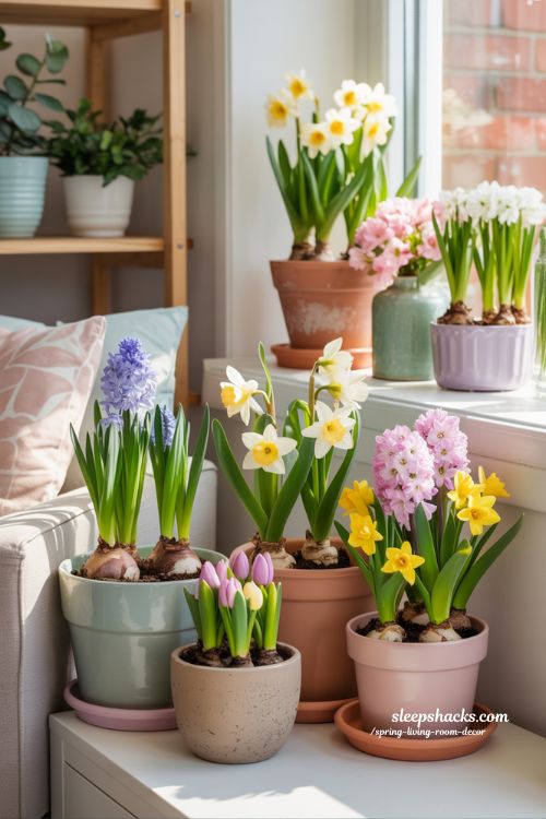 Spring Living Room with Potted Bulbs for Seasonal Charm