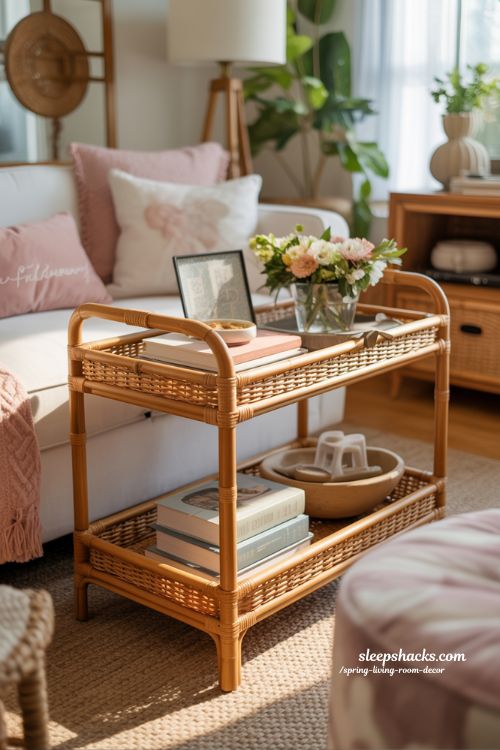 Spring Living Room with Rattan Bar Cart and Layered Seasonal Display
