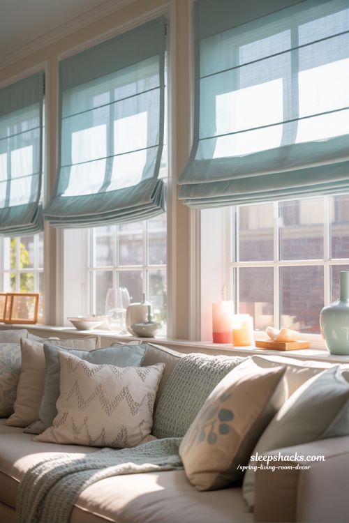 Spring Living Room with Whimsical Baby Blue Roman Shades and Textured Accents