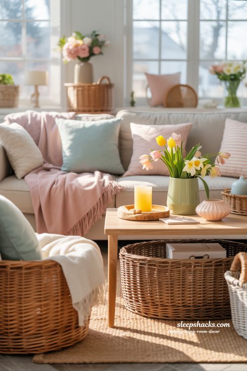 Spring Pastel Living Room with Seasonal Flowers and Cozy Textures