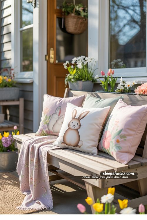 Spring Porch Bench with Easter Pillows for Cheap Easter Front Porch Decor