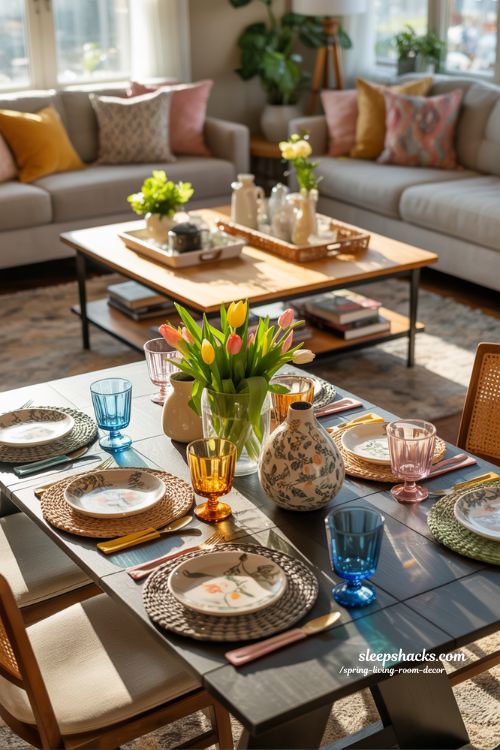 Spring Sunny Tablescape with Fresh Tulips and Layered Textures