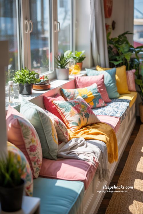 Spring Window Bench with Bright Cushions and Seasonal Accents