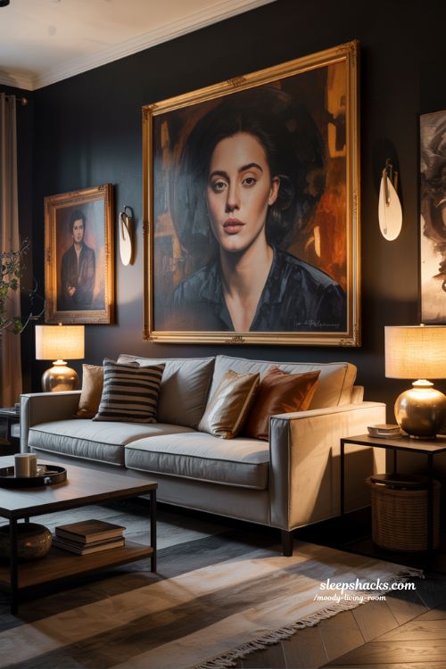 Statement Art Anchoring a Dark Moody Living Room