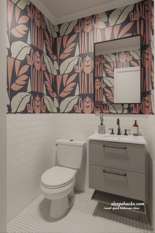 Statement Wallpaper Transforms the Mood in a Small Guest Bathroom