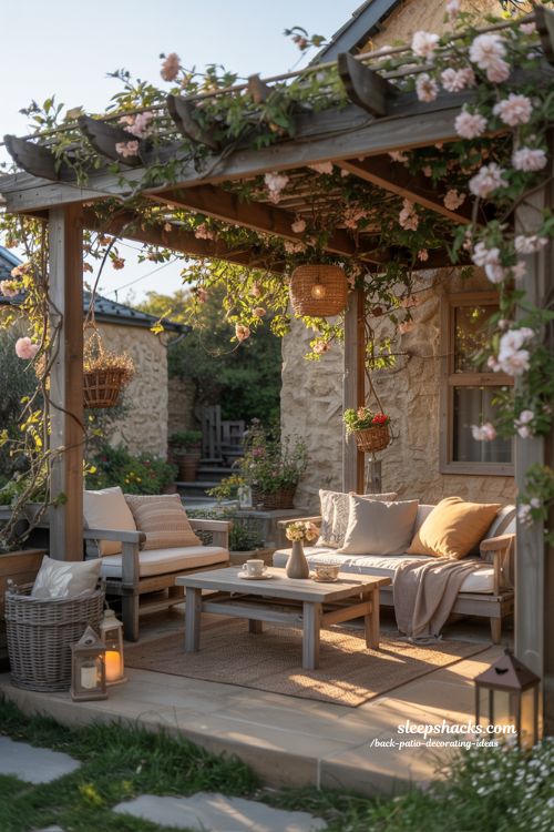 Stone Garden Pergola Back Patio Ideas with Climbing Flowers