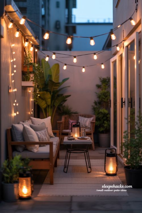 String Lights and Lanterns Cozy Small Patio Lighting Ideas