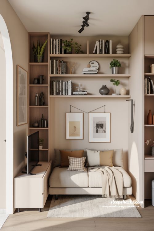 Stylish Floating Shelves and Vertical Storage for Very Small Living Rooms