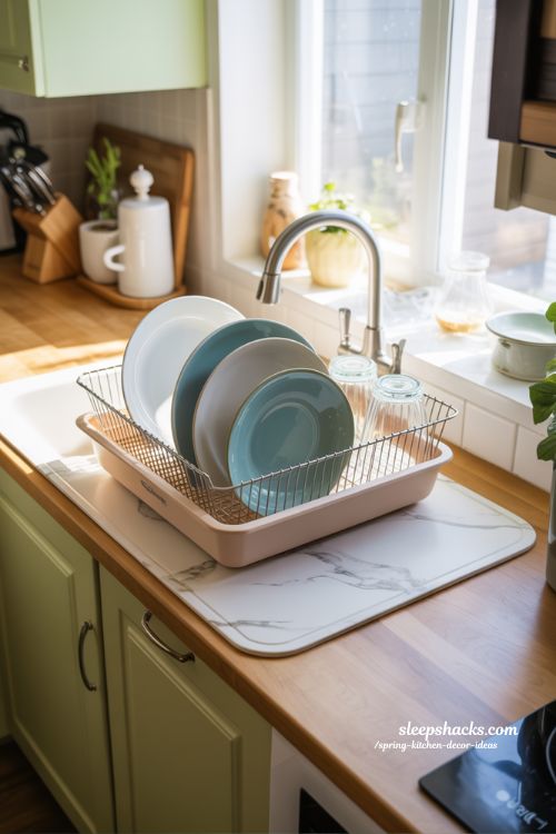 Stylish Spring Kitchen with Faux Marble Dish Drying Mat