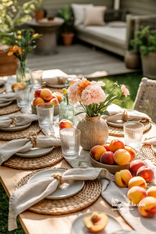 Summer Peach Themed Patio Table Decor With Fresh Fruit And Flowers