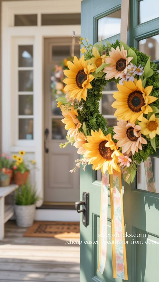 Sunflower Spring Cheap Easter Wreath on Front Door