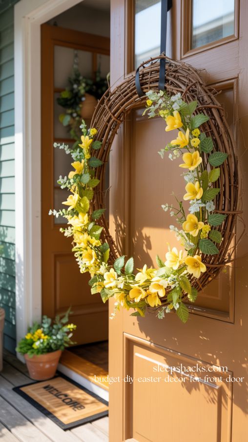 Sunny Yellow Floral Grapevine Easter Wreath for a Welcoming Front Door