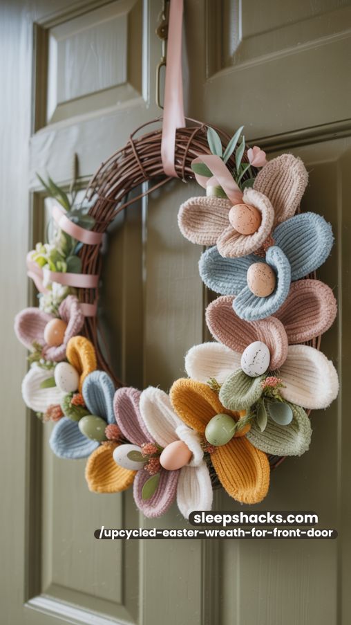 Sweater Scrap Floral Easter Wreath for Front Door