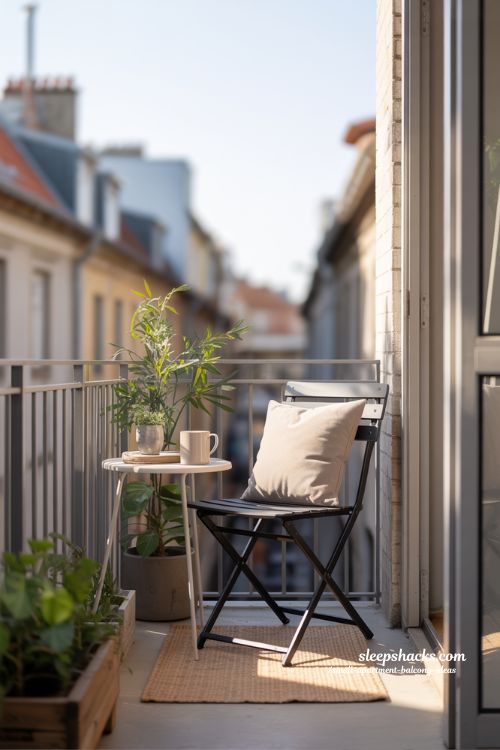 Sweet Simple Small Apartment Balcony With Folding Chair Side Table And Plant