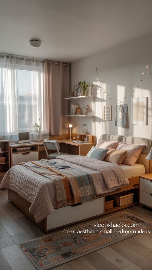 Teen-Friendly Cozy Small Bedroom with Functional Furniture and Layered Textiles