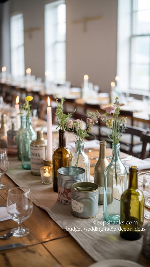 Thrifted Bottles and Tins Wedding Table Decor Ideas on a Budget