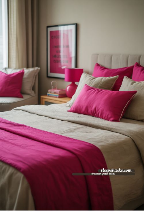 Tiny Bedroom With Playful Fuchsia Accents And Neutral Furniture
