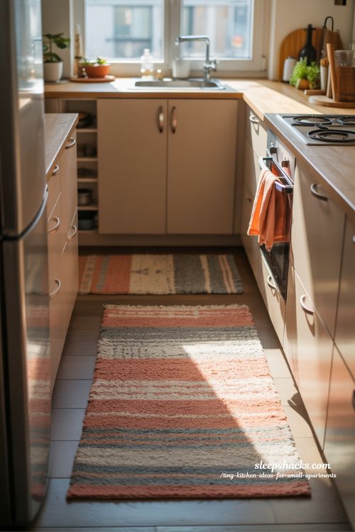 Tiny Kitchen Ideas For Small Apartments With Layered Rugs For Warmth