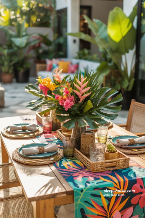 Tropical Paradise Patio Table Decor With Bold Leaves And Vibrant Blooms