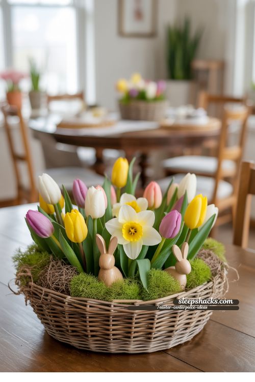 Tulip and Daffodil Nest Basket Easter Centerpiece