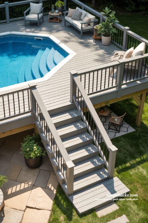 Two-Tier Entry With Side Landing Above Ground Pool Ideas