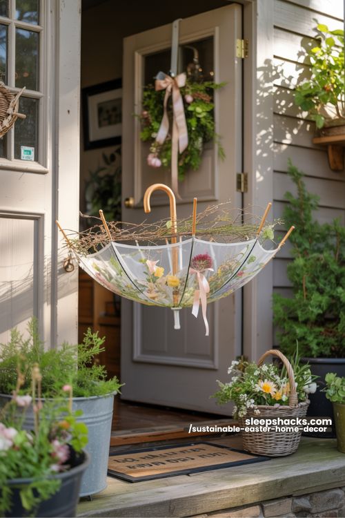 Umbrella Door Wreath with Seasonal Flowers for Sustainable Easter