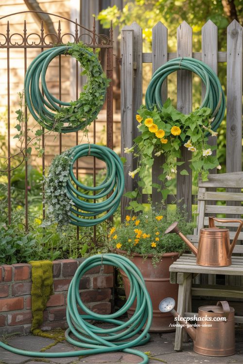 Upcycled Garden Hose Wreaths with Whimsical Vintage Garden Charm