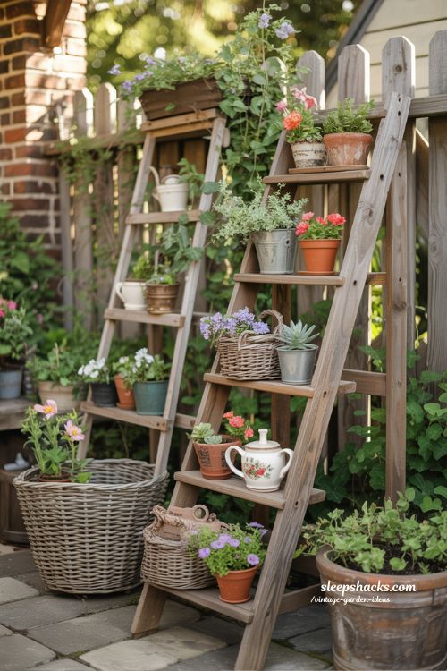 Upcycled Ladder Planters with Rustic Vintage Garden Charm