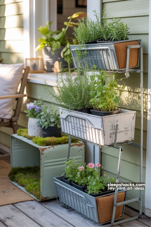 Upcycled Magazine Rack Planters for Porch and Balcony