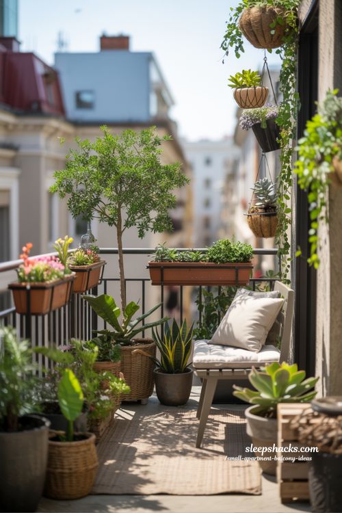 Urban Jungle Small Apartment Balcony With Layered Plants And Hanging Baskets