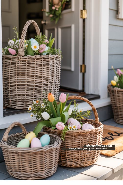 Vintage Basket Display with Spring Flowers for Cheap Easter Front Porch Decor