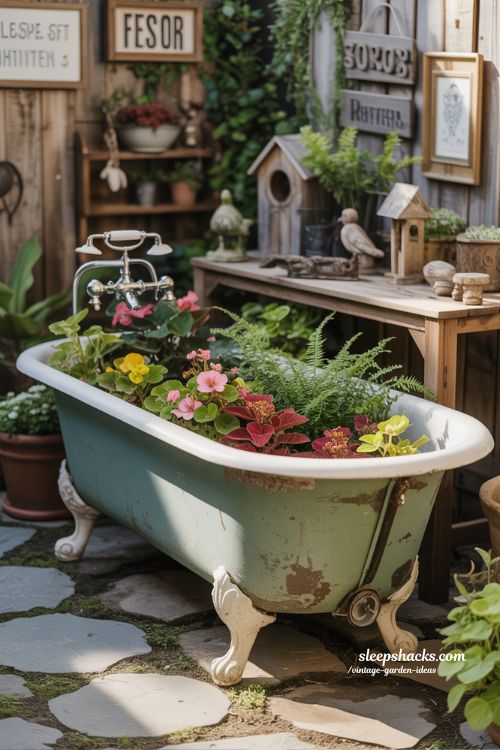 Vintage Bathtub Raised Flower Beds with Whimsical Garden Charm