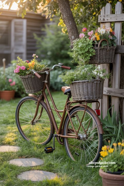 Vintage Bicycle Flower Display with Whimsical Garden Charm