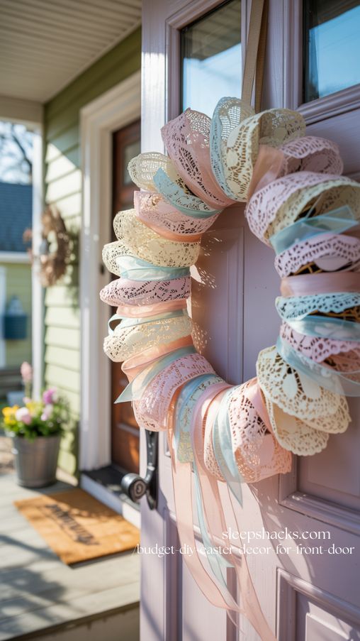 Vintage Doily and Ribbon Easter Wreath for a Charming Spring Front Door