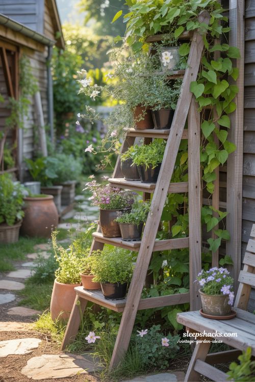 Vintage Ladder Trellis with Climbing Plants and Whimsical Garden Charm