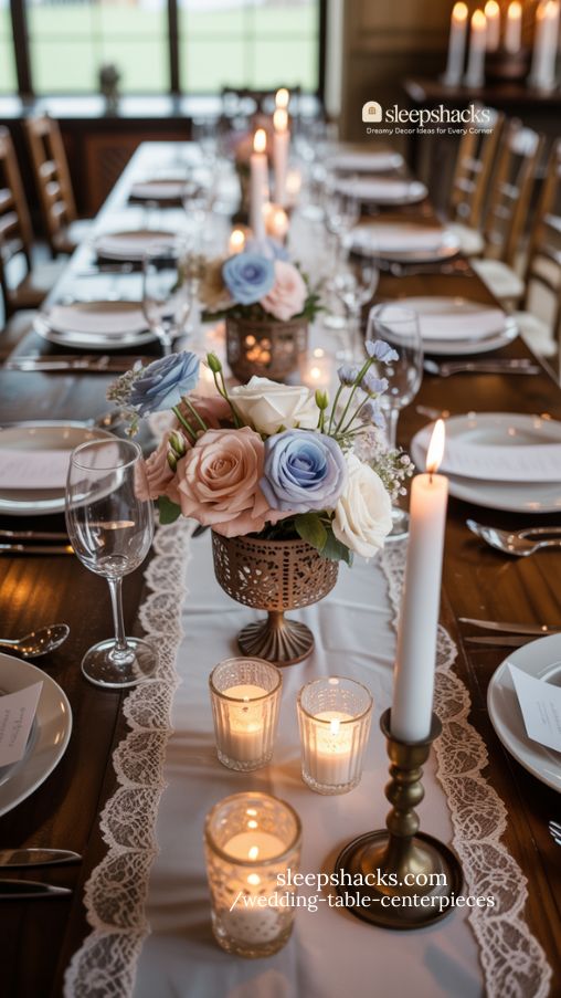 Vintage Romance Lace and Candle Wedding Table Centerpieces