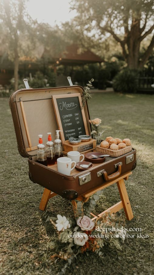 Vintage Suitcase Coffee Bar for Outdoor Wedding