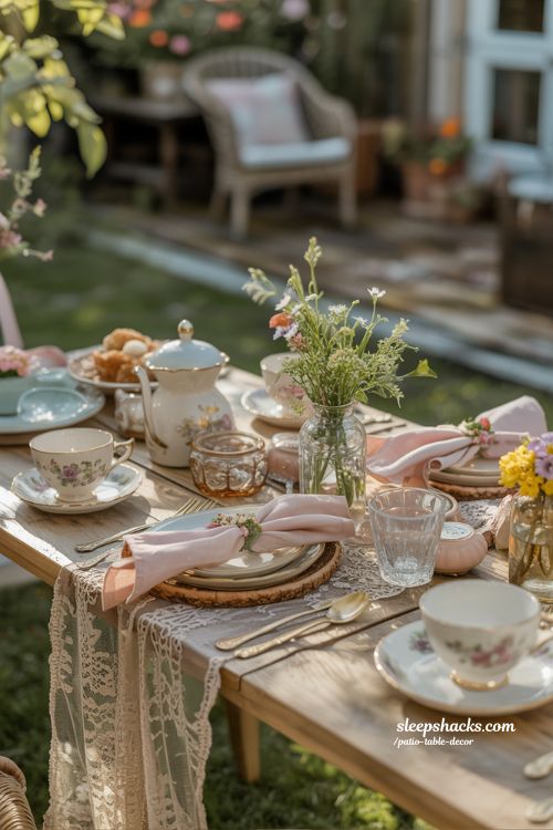 Vintage Tea Party Patio Table Decor With Lace And Porcelain