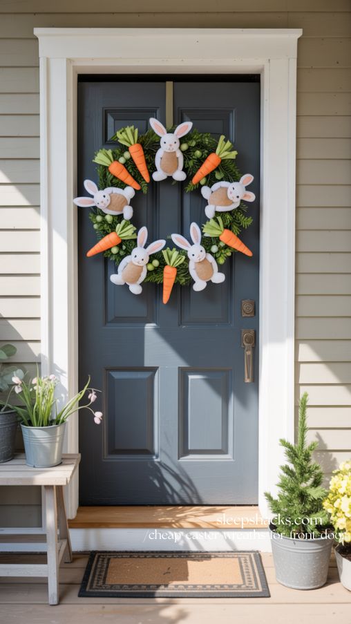 Whimsical Bunny and Carrot Cheap Easter Wreath on Front Door
