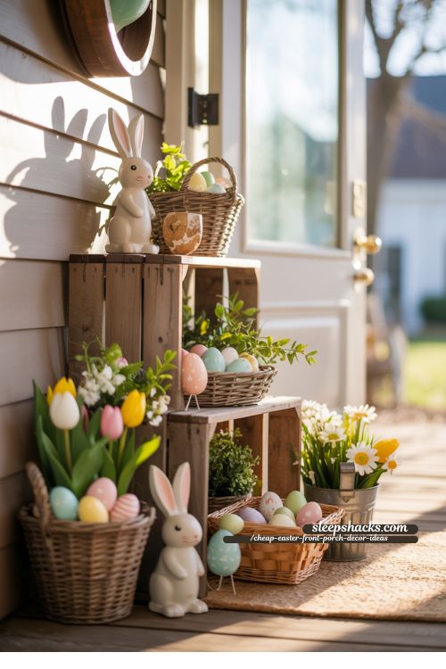 Whimsical Easter Porch Corner with Bunnies and Eggs for Cheap Easter Front Porch Decor
