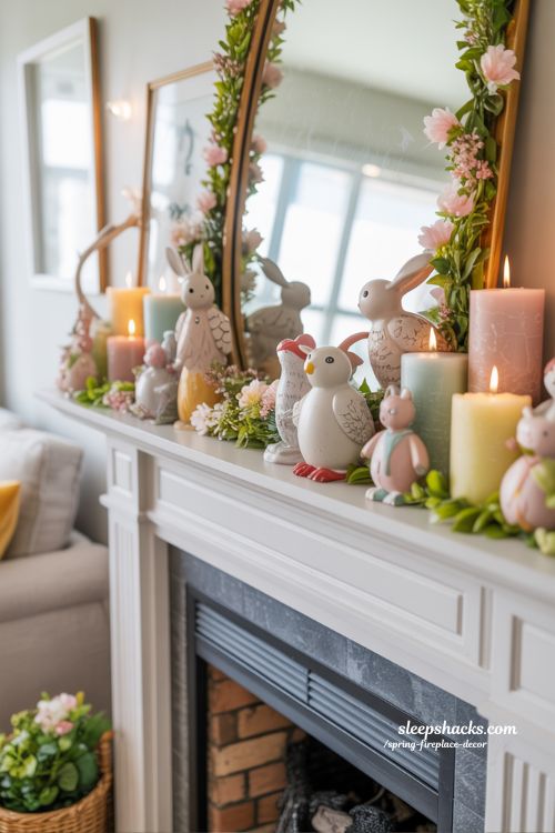 Whimsical Figurines and Playful Touches on the Mantel for Spring