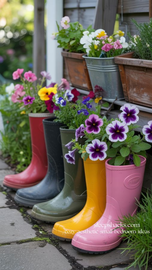 Whimsical Rubber Boot Planters with Vibrant Flower Blooms