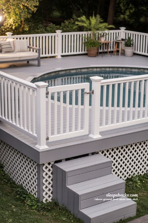 White Rail Gated Deck With Classic Skirt Above Ground Pool Ideas